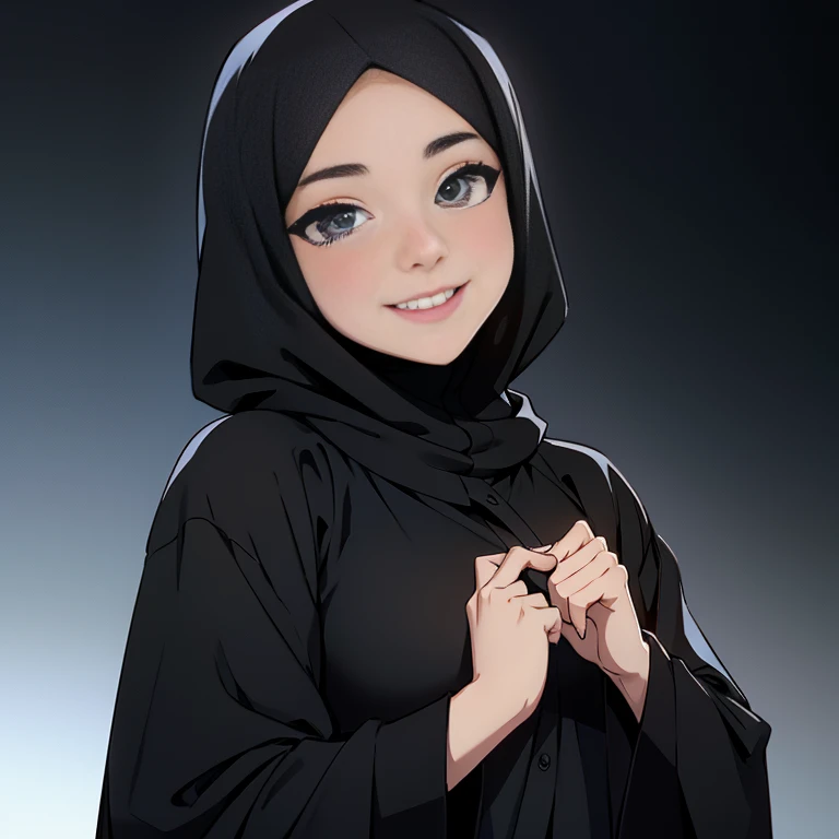 Beautiful side depiction of a cheerful young woman, wearing  a black hijab and abaya.