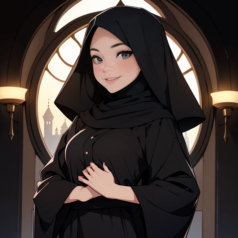 Beautiful side depiction of a cheerful young woman, wearing  a black hijab and abaya.