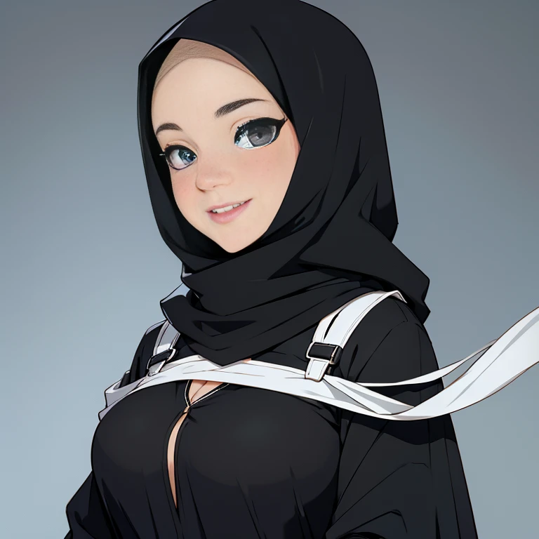 (Best quality:1.3), hijab, long sleeve shirt, medium breasts, jeans, smiling, pov, close shot, plain background