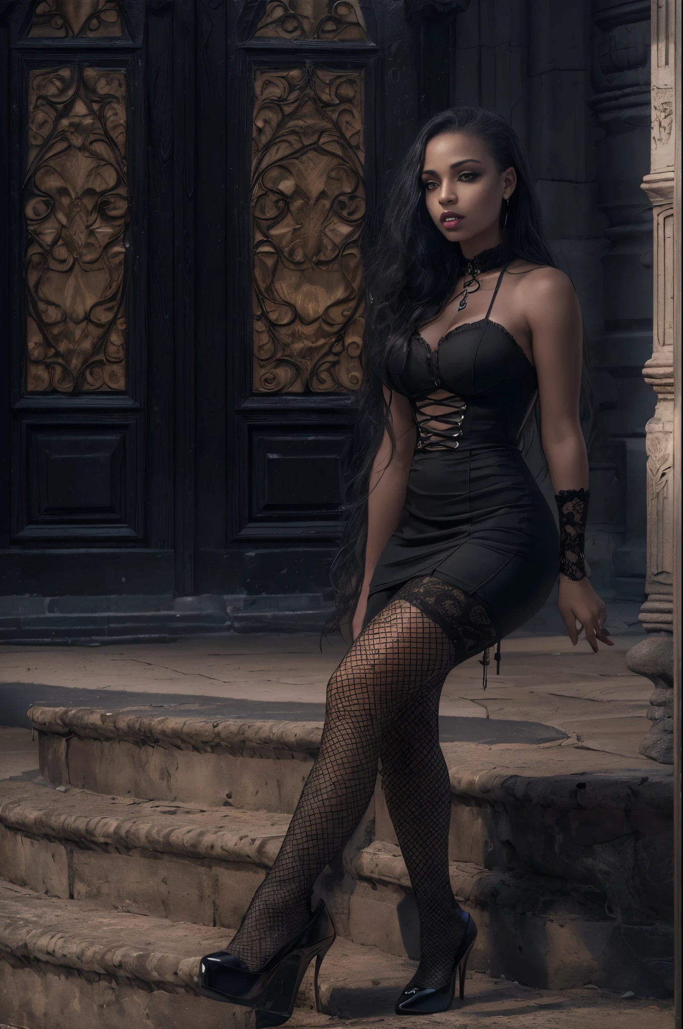 The most beautiful (((black girl))) in the world, long black hair, medium breasts, hips, (((form fitting clothing))), (((pantyhose))), dark castle background, gothic theme, gothic clothing