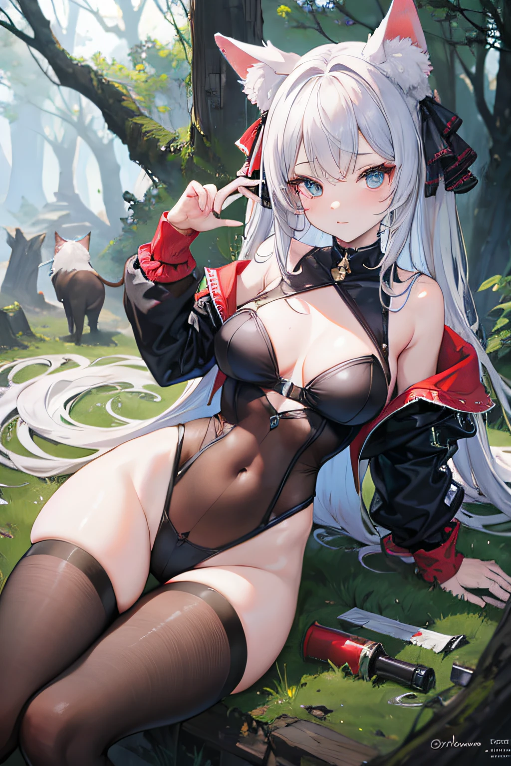 1 cat girl, wearing revealing clothes, forest, absurdres, high res, ultrasharp, 8k, marsterpiece, anime, no hands