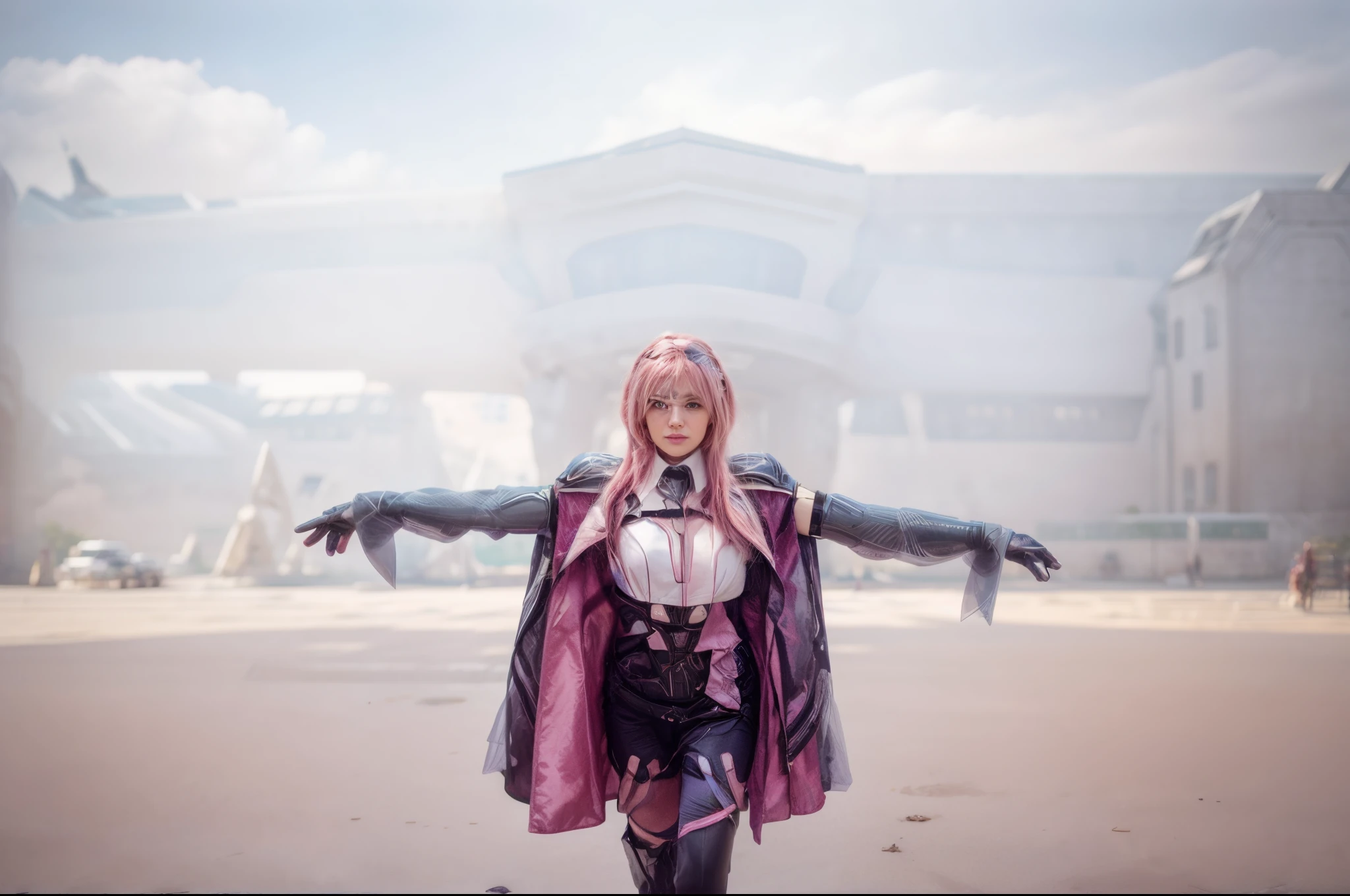 The girl walks on a large street, behind are medieval buildings combined with futuristic architecture, beautiful girl, pink hair, she wears glasses in her hair, her arms outstretched, cosplay costume, beautiful face, beautiful eyes, beautiful lips, beautiful nose, super detail:1.7, super quality:1.6, realistic, actual photo from Canon camera, futuristic city, sci-fi