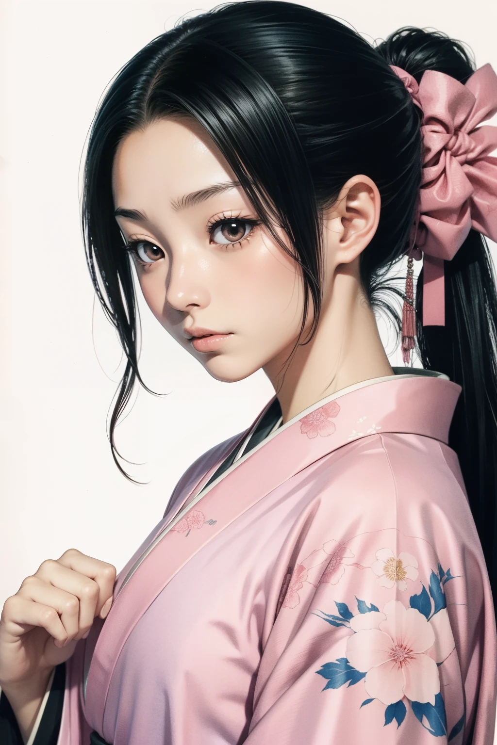 a close up of a person in a pink kimono, coloured manga scan, sui ishida art manga, inspired by Kusumi Morikage, female samurai, manga style of kentaro miura, high quality colored sketch, by Yoshiyuki Tomino, koyoharu gotouge, inspired by Nishikawa Sukenobu, harumi, omina tachibana