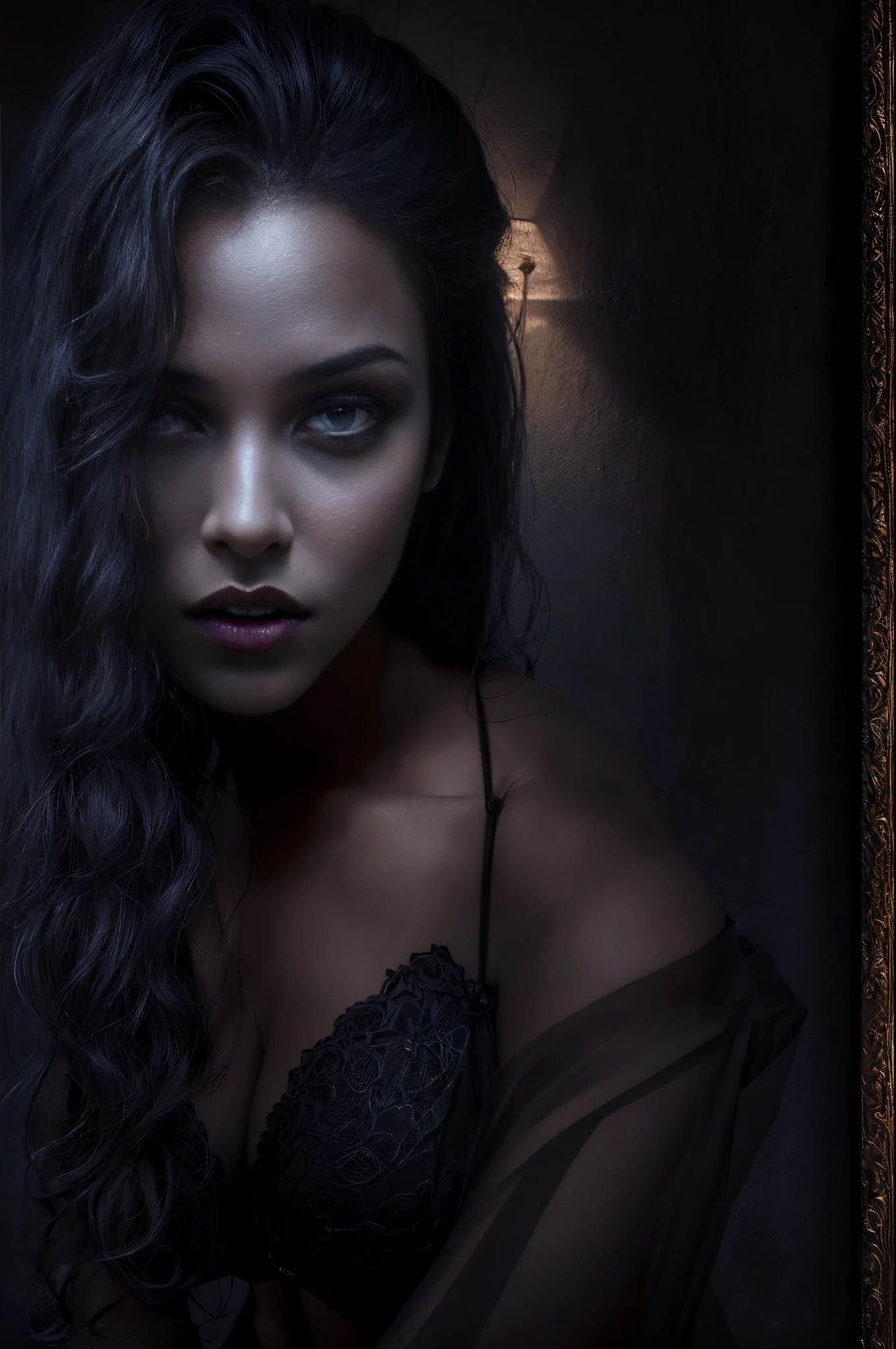 (best quality, 4k, 8k, highres, masterpiece:1.2), ultra-detailed, (realistic,photorealistic,photo-realistic:1.37), gorgeous light skin black woman, vampire, seductive gaze, elegant posture, gothic background, sensual beauty, gothic fashion, black gothic miniskirt, pantyhose, dark colors, moody lighting, full body pose