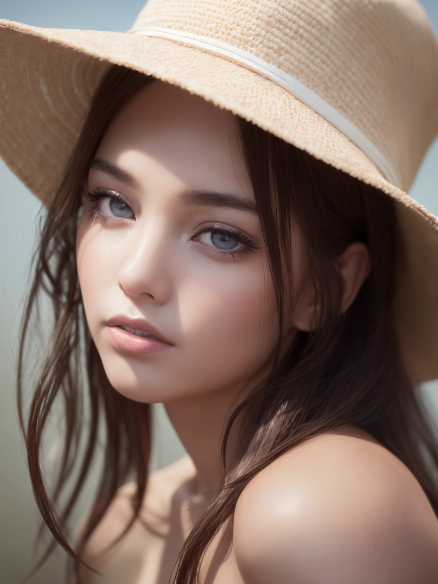((32h UHD high detail, 16k RAW studio art photography))cinematic art, Ultra-reality human skin film grain, ((ultra-Portrait)) photo-realistic masterpiece beast quality featuring a runway model with a profound gaze. The image should be realistic, showcasing the model in a white hat with detailed eyes, including sharp and expressive irises. Focus on the upper body in a (studio photo art) with fantastic lighting, achieving the (highest quality). (high-detail), CGI, 3D rendering techniques, adopting an (8K UHD) style “sigma 35mm f4”. 4:3 --auto --s2