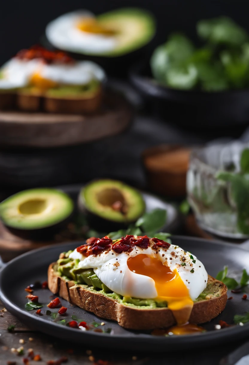 A photo of a beautifully plated avocado toast with a poached egg on top, sprinkled with chili flakes and drizzled with balsamic glaze,original,Man