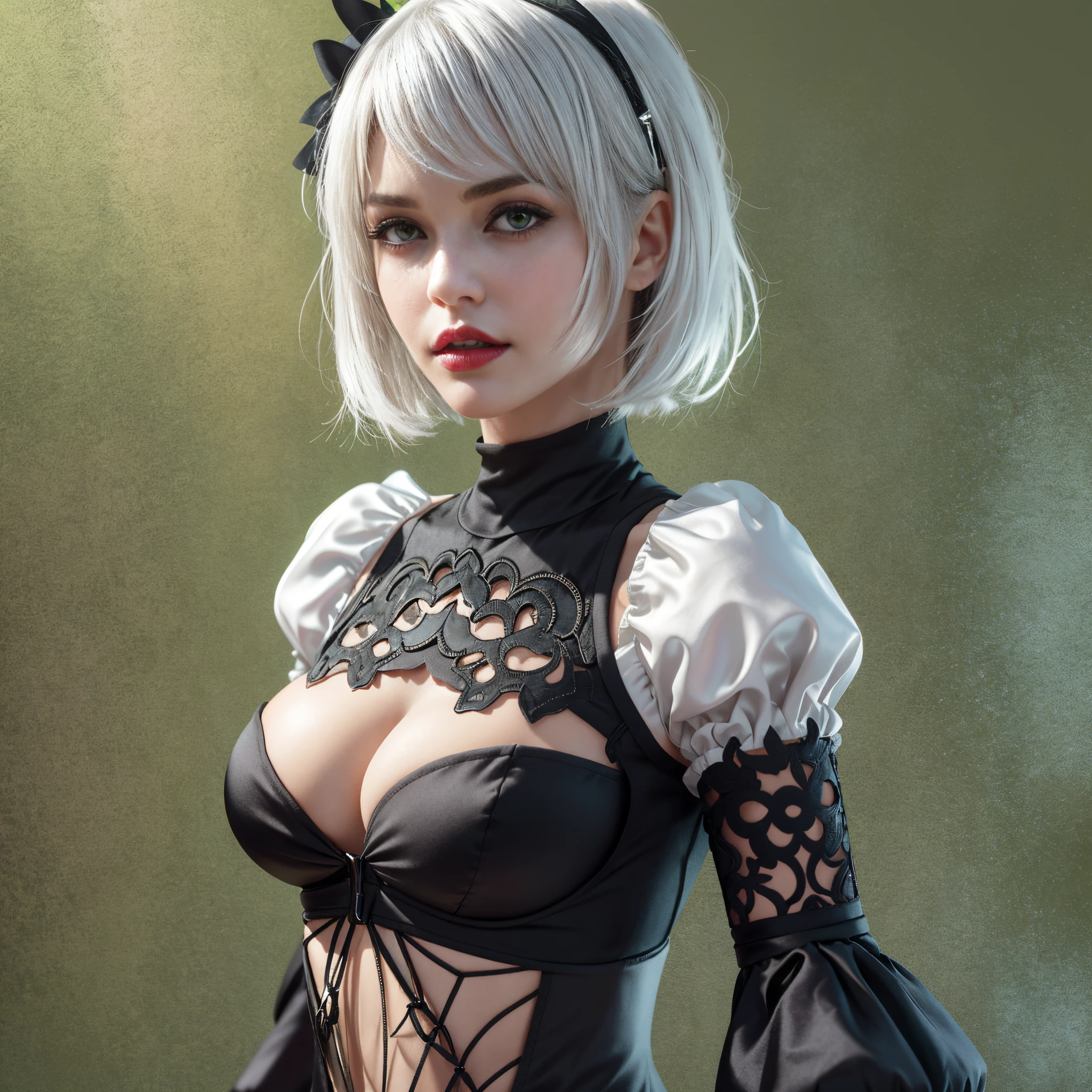 breasts, cleavage, cleavage cutout, clothing cutout, green background, hair between eyes, hairband, highres, juliet sleeves, long sleeves, nier (series), nier automata, puffy sleeves, red lips, shaded face, short hair, solo, turtleneck, upper body, white hair, sky