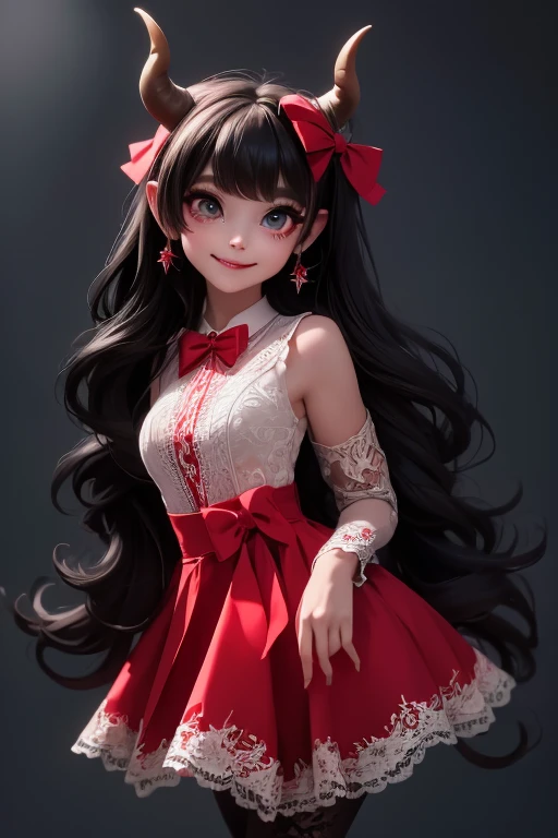 masterpiece, best quality, detailed face, a (horned demon girl) smiling, wearing a lace cloth dress, black hair, red smokey eyes makeup, (hair bow), tights, dramatic magic floating pose, (full body), (((sfw)))