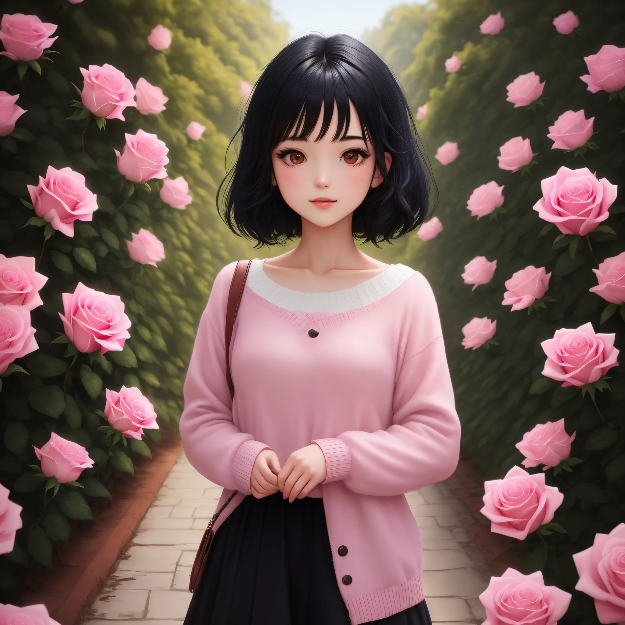 girl with black hair with light pink roses pfp