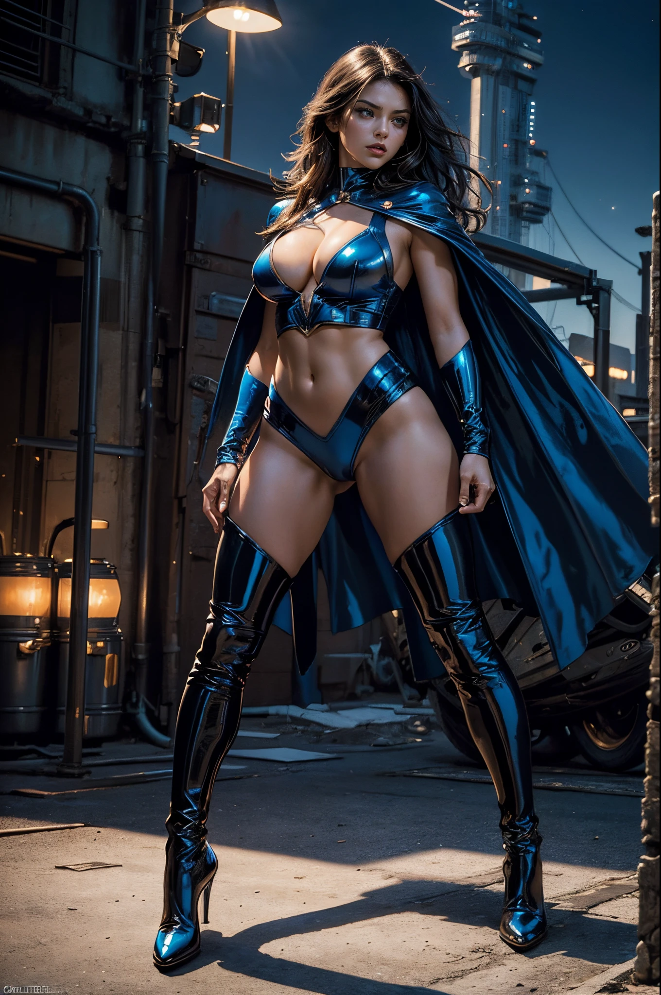 (best quality,4k,8k,highres,masterpiece:1.2),ultra-detailed,(realistic,photorealistic,photo-realistic:1.37),sexy female superhero wearing blue,showing skin,cleavage,dynamic,rear view,butt cheeks,shiny latex outfit,fit and muscular body,flowing cape,high-heeled boots,powerful stance,fierce expression,intense eyes,cityscape background,nighttime setting,dramatic lighting,vivid colors,comic book style, cleavage, show skin, skimpy outfit, blue leather