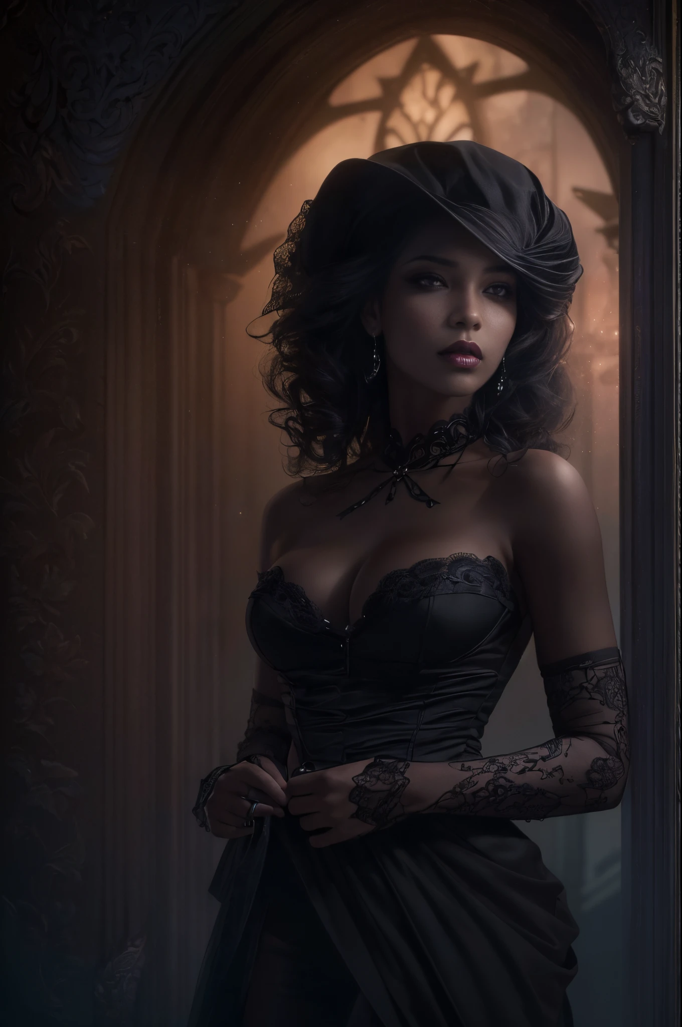 (best quality, 4k, 8k, highres, masterpiece:1.2), ultra-detailed, (realistic,photorealistic,photo-realistic:1.37), gorgeous light skin black woman, vampire, seductive gaze, elegant posture, gothic background, sensual beauty, gothic fashion, black gothic mini gown, pantyhose, dark colors, moody lighting, full body pose