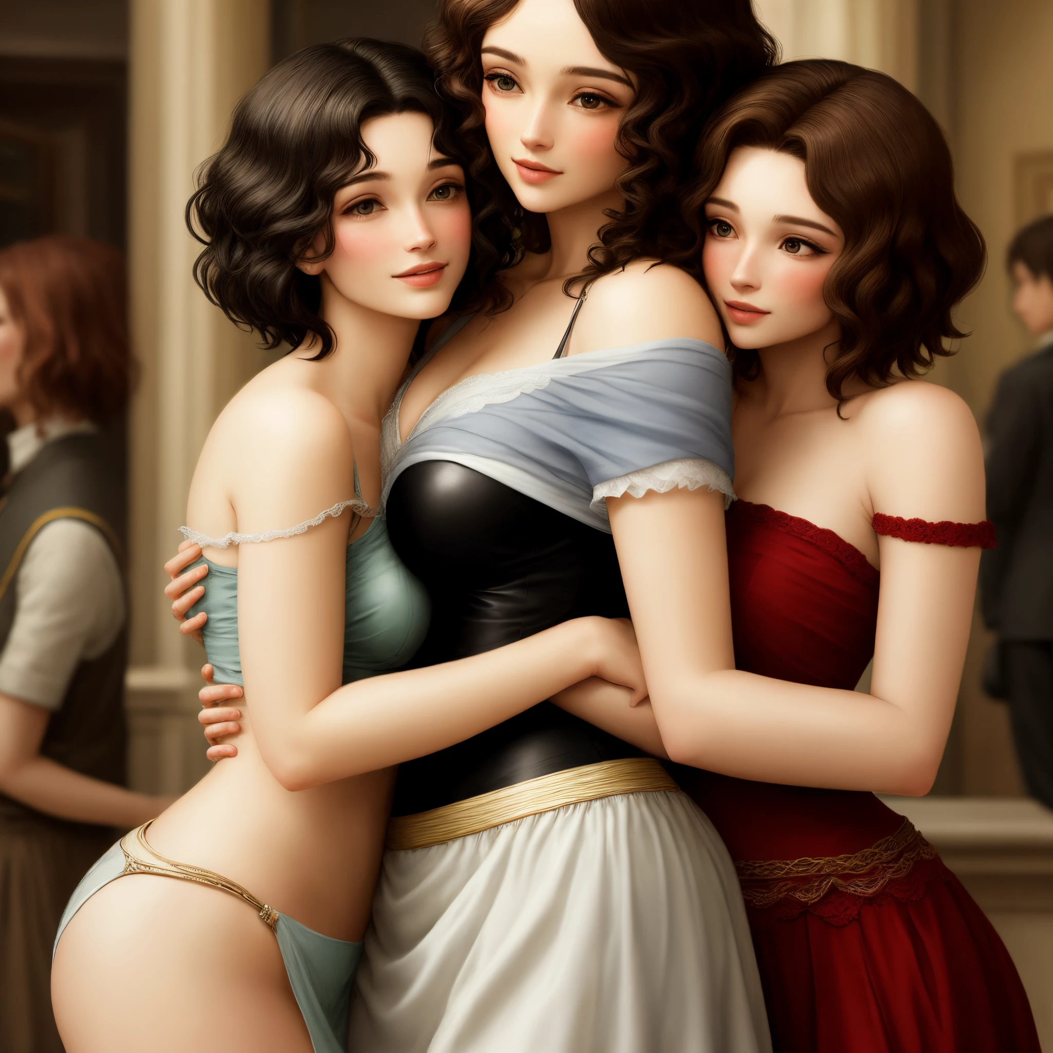 Aphrodite hugging a woman with short wavy hair