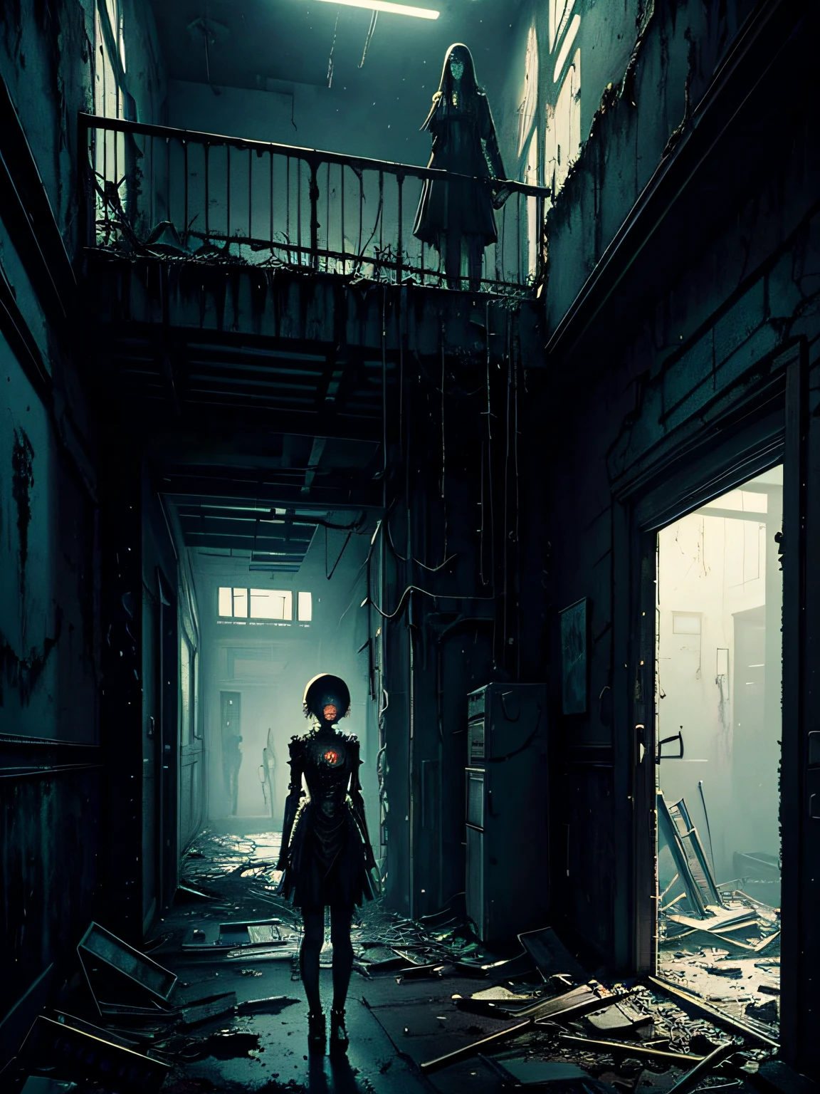 masterpiece, (horror art), presence of terrible thing, oppressive atmosphere, dark cyberpunk art, gloomy art, abandoned apartment, (dark night), highly detailed abandoned hall, mechanized girl, automaton girl, perfect anatomy