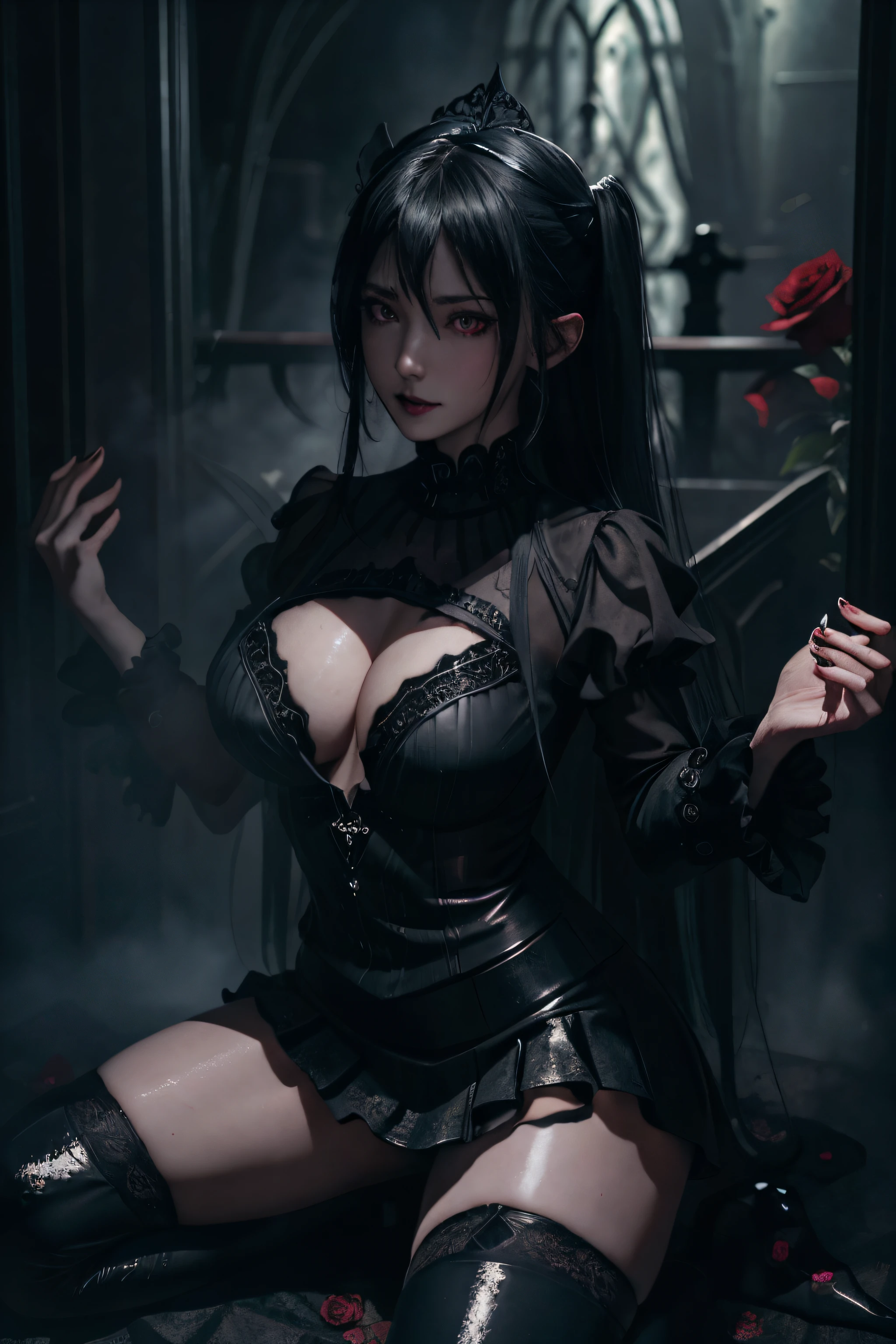 black lipstick、blacklips、black lips、Maniacal、Deep night sky、horor、Black Dark Eyeshadow、Good skin luster、Long hair straight hair、Dark smile、Restless Palace、Fragrant beauty、age19、Lying、Dark Gothic、bell sleeves、Wizard Sleeve、Stained glass background、masutepiece、Best Quality、Refers to 5 books、Sweat glitters on my chest、Drunken face、Mysterious、noble、the body is wet and shiny、Transcendent sex appeal、open your legs sloppily、Lots of glitter on the thighs、I'm sweating a lot、twin-tail hair、Platinum blonde hair、my thighs are extremely wet、Jet black ruffled skirt、Shaded、Blue eyes on the right, red eyes on the left、Gothic bed covered with roses、knee high socks、thigh-high socks、Sticky and profuse sweat on the thighs、Tons of sticky shiny thighs、Sweat shining generously on the thighs、The whole body is shiny with sweat、Glamour、platform heel shoes、Quite sweaty、My thighs are sweaty、Mysterious dark gothic dark black makeup、Chest size is modest、black metal world、Dark Gothic Dresses、Thighs are glamorous、stain glass、