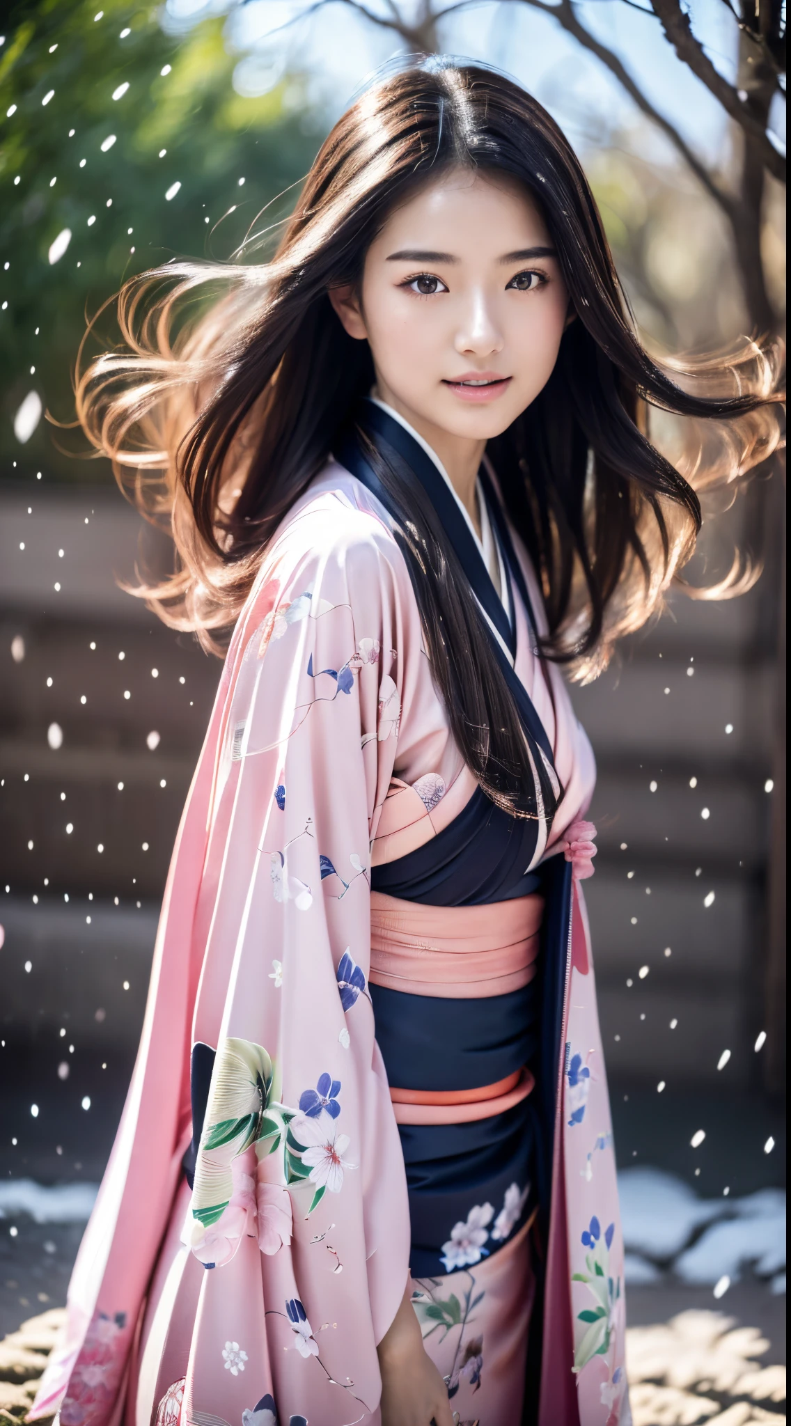 ((Kimono))、((Pink kimono))、(full body Esbian)、(top-quality,​masterpiece:1.4、超A high resolution)、(ultra-detailliert、Caustics)、(Photorealsitic:1.4、RAW shooting)、Ultra-realistic capture、A highly detailed、 Skin texture is natural、pink cherry blossom landscape、(voluminous hair)、25-years old、The skin looks healthy with an even tone、 One Woman、japanes、A dark-haired、Middle hair、(Hair swaying in the wind:1.1)、Light in the eyes、Looking at the camera、