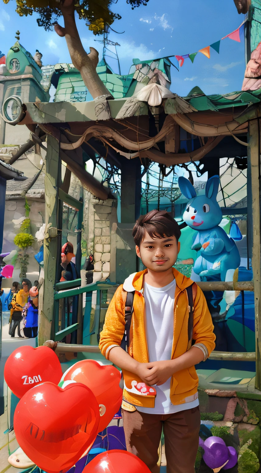 A boy, zoo, many balloons, happy, happy, perfect quality, rabbit, clear focus (clutter-home: 0.8), (masterpiece: 1.2) (realistic: 1.2) (bokeh) (best quality) (detailed skin: 1.3) (intricate details) (8K) (detail eyes) (sharp focus), (happy)