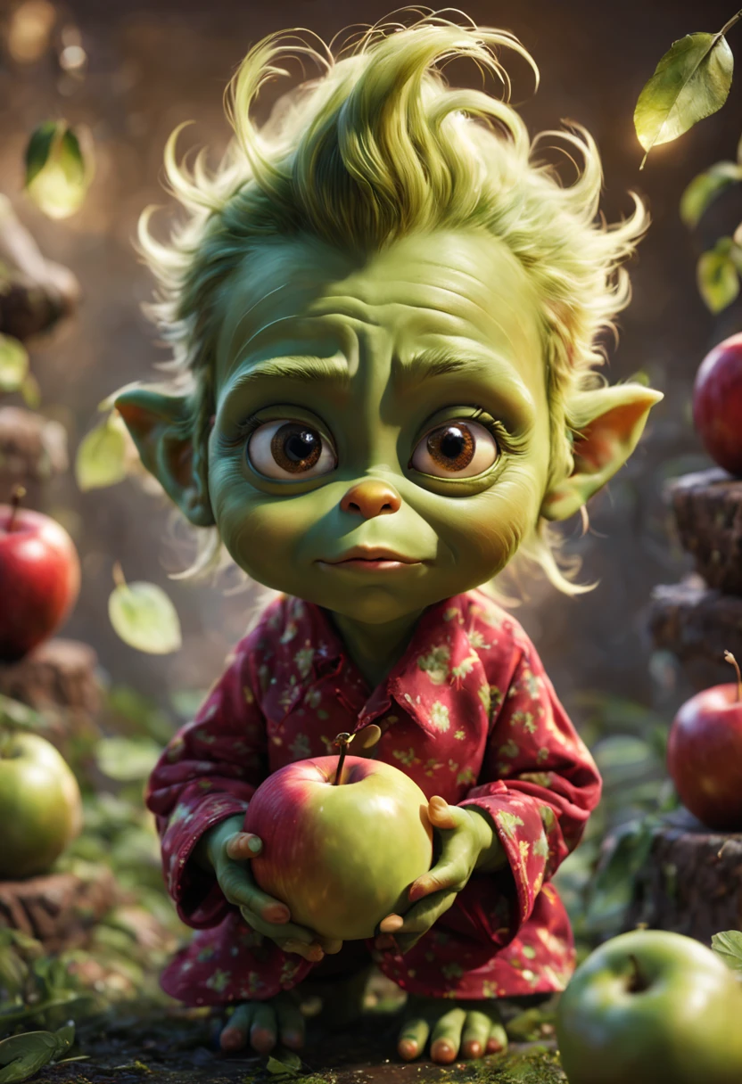 fantastically beautiful baby Grinch, huge expressive eyes, in a Hawaiian shirt, picking apples in the garden, a whirlwind of sparks, fantasy art, ultra-detailed, hyperrealism, dark world, bokeh and shimmering dust, Christiandior, impeccable lines, precise detailing, grunge style.