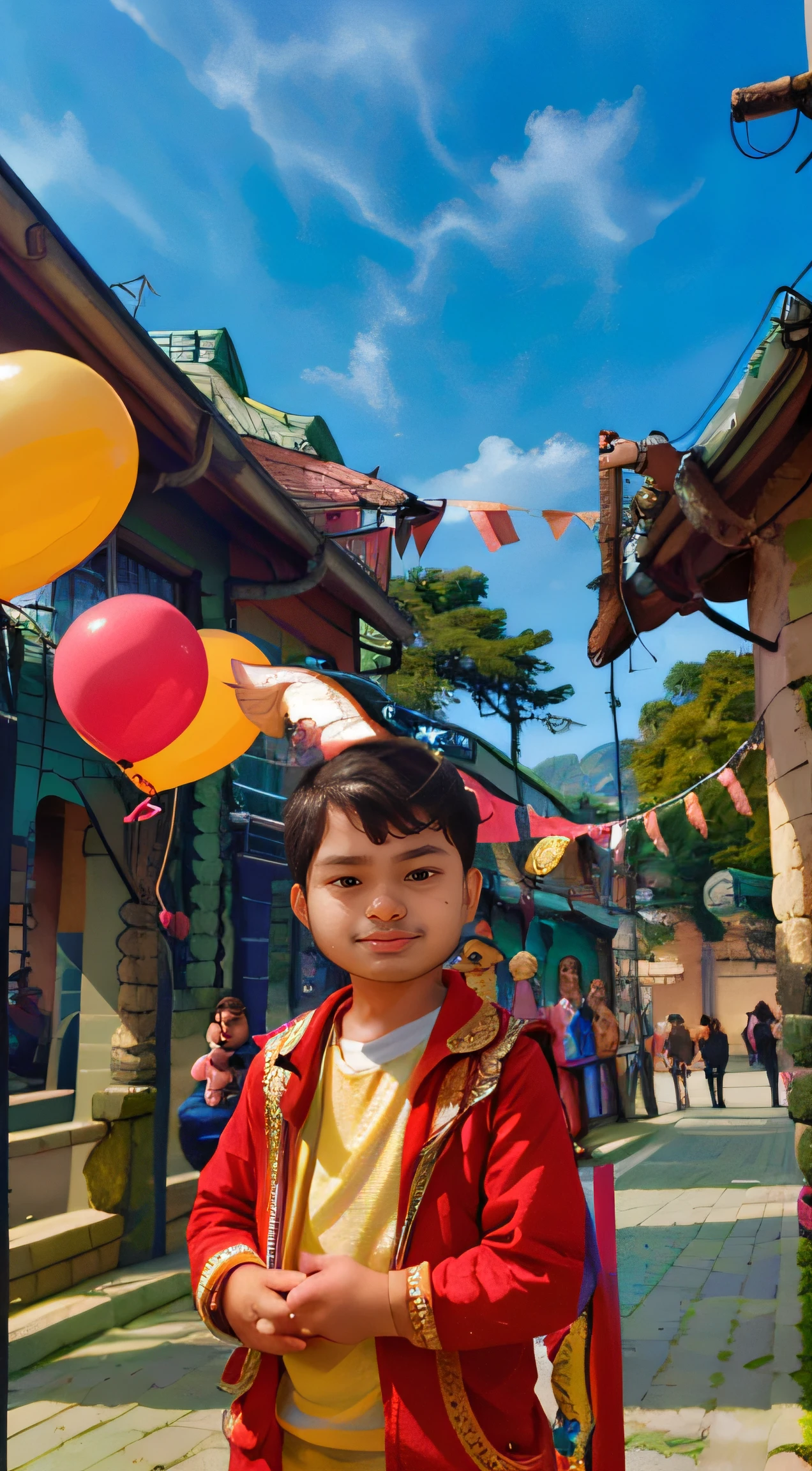 A boy, zoo, many balloons, happy, happy, perfect quality, rabbit, clear focus (clutter-home: 0.8), (masterpiece: 1.2) (realistic: 1.2) (bokeh) (best quality) (detailed skin: 1.3) (intricate details) (8K) (detail eyes) (sharp focus), (happy)