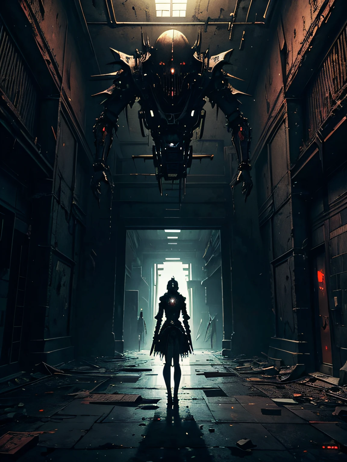masterpiece, ((horror art)), presence of terrible thing, oppressive atmosphere, dark cyberpunk art, gloomy art, abandoned huge empty hall, (dark night), highly detailed abandoned hall, mechanized girl, automaton girl, perfect anatomy