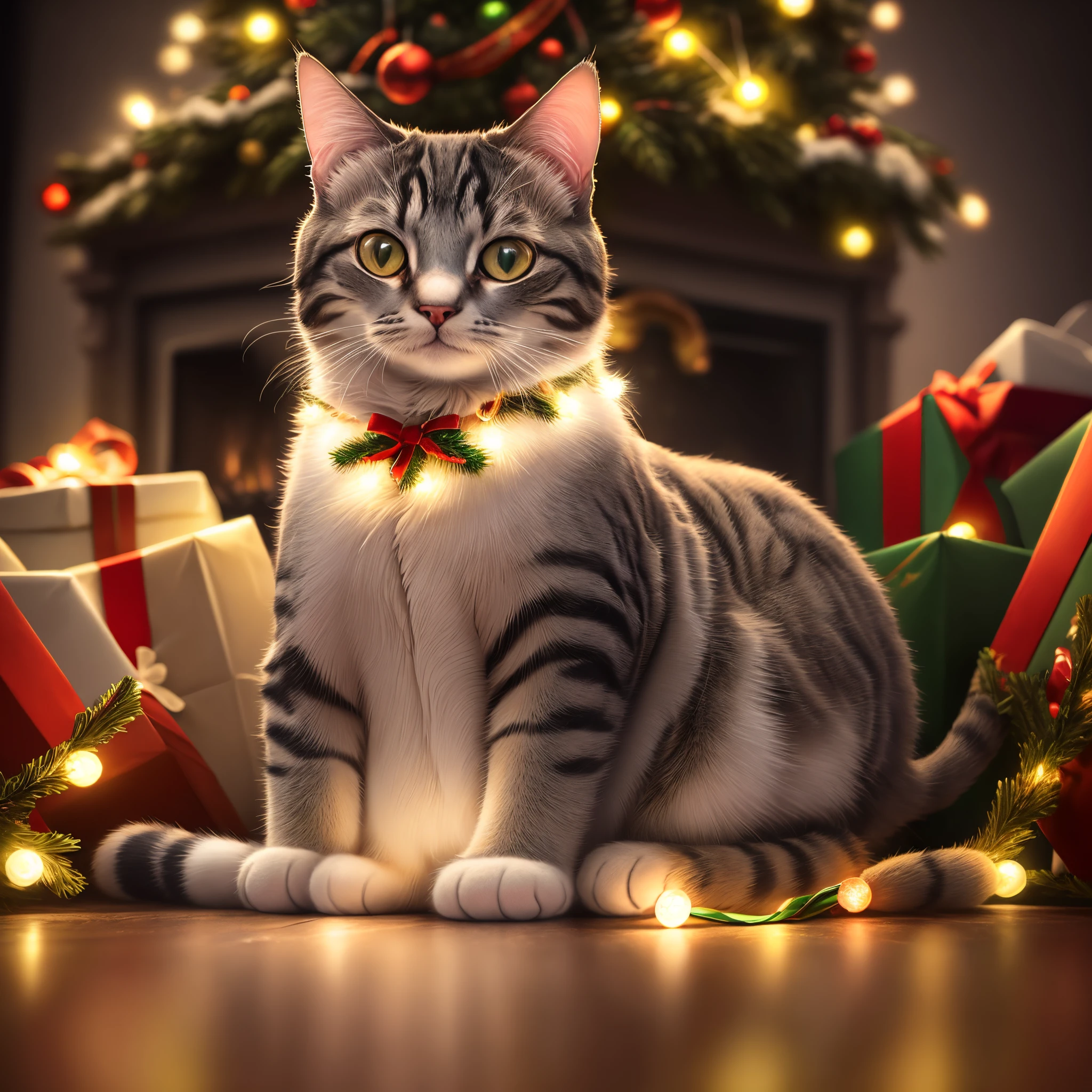 Cat under a Christmas Tree with lights reflecting off its coat