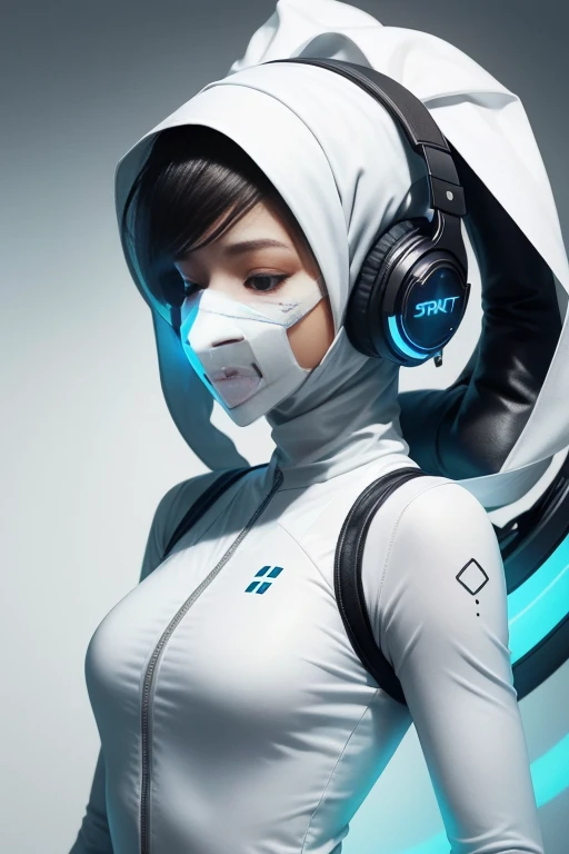 girl with white hijab, closed eyes, futuristic vibes, mask on mouth, pristinely white bodysuit, headphones, 8k, high quality, simple background, glowing eyes, nice pose