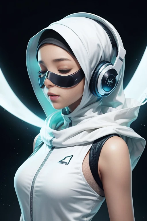 girl with white hijab, closed eyes, futuristic vibes, mask on mouth, pristinely white bodysuit, headphones, 8k, high quality, simple background, glowing eyes, nice pose