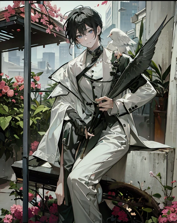 male angel sitting on rebar、full body Esbian、Embrace your broken wings、Fashionable、Dior、black three-quarter sleeve jacket、an legs、shoe、trouser,Plain clothe