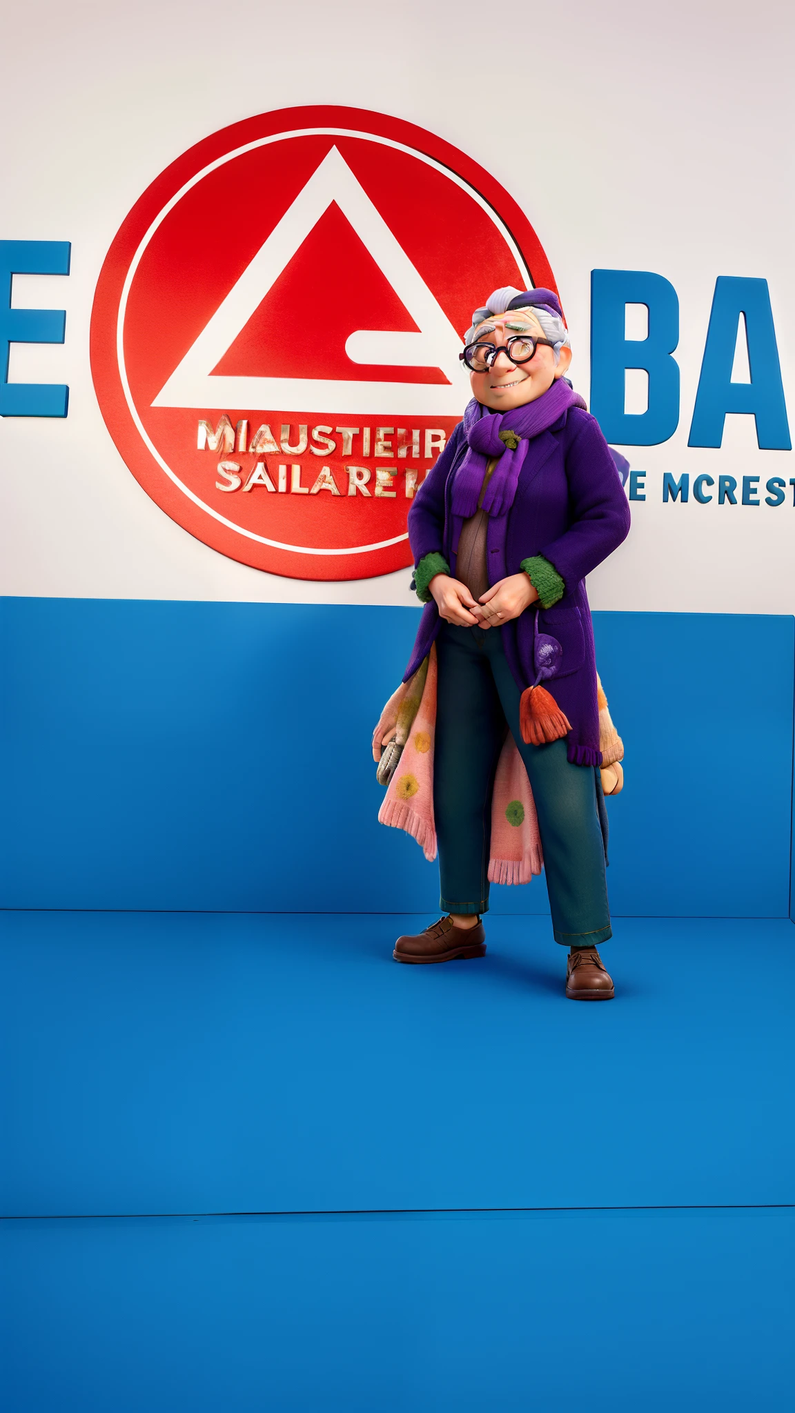 masterpiece, best quality, an old woman with glasses and a scarf on, wearing a purple coat and green scarf, standing at the park