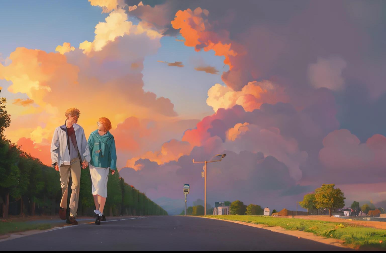 stroll, a couple, in her 20s, Cartoon style, top-quality, high-level image quality, masterpiece