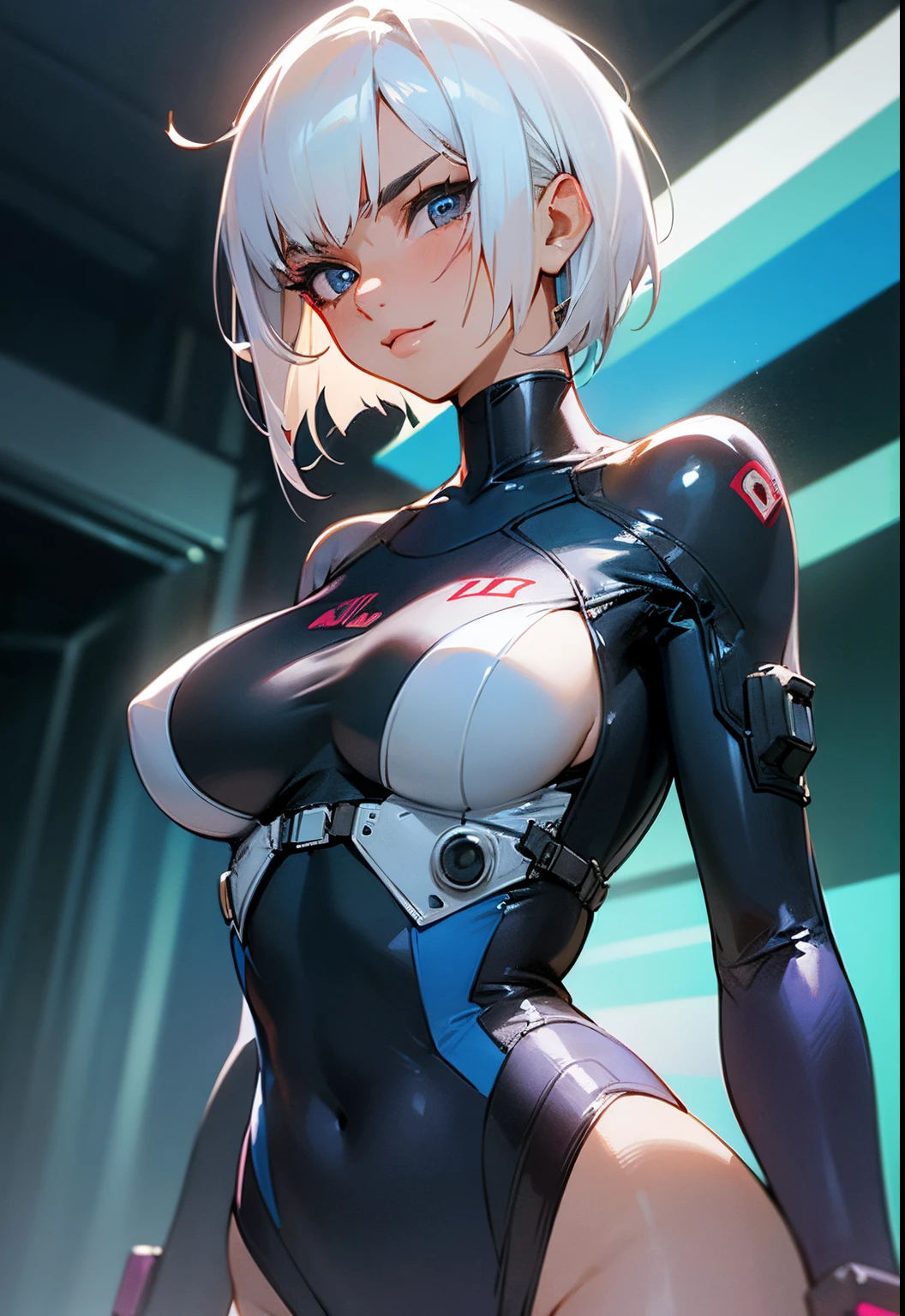 Woman 30 years face close (emily ratajkowski pov), short white hair, sidecut hair, lip filler, tight low-cut white swinsuit, cibernetic accessories, beautiful, medium breasts, close, sensual pose, fiery and lascivious wanting more, blue eye, neon lights, cyberpunk