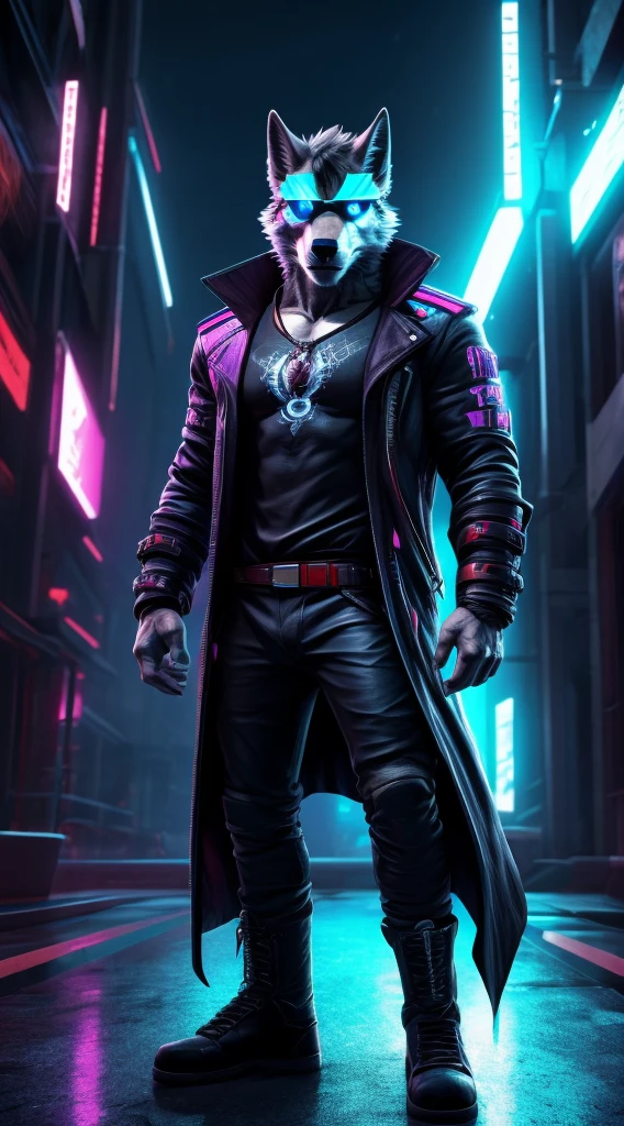 (Best Quality), 1 Male, Adult, Anthropomorphic Dark Gray Canid Wolf, Full Body, Standing Pose, Violet Eyes, Dark Gray Furs, Black Medium Hair, Wearing Dante's Clothes (from DmC: Devil May Cry one, released in 2013) and His Clothes Only, Muscular Body, Furry Paws as Hands, Good Looking, Serious Expression, Cool Pose, Red and White Shoes, 1 Big Cyan Horizontal Scar-like Facial Marking on the Right Side of the Right Eye, 2 Medium Cyan Vertical Scar-like Facial Markings Beneath of the Left Eye, Holding Sports Sunglasses in one of His Hands, City Background, No Pelvic Bulge, Wearing a Shirt, Shirt with a Stamp of an Yellow Atom.