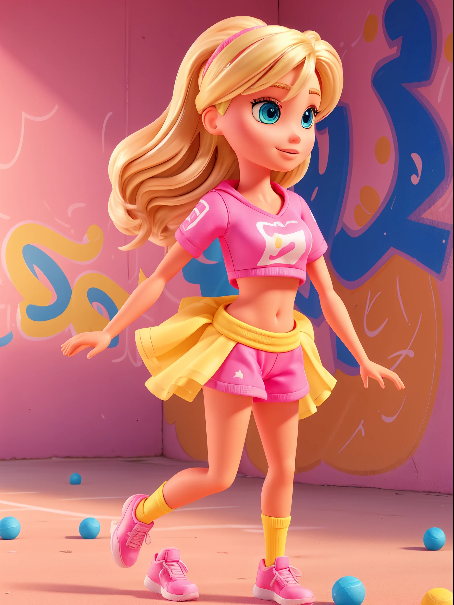 Create a Barbie with pink and yellow sportswear, blue eyes, blonde hair, playing sports, colorful graffiti background, with abstract graphics and rock and roll.