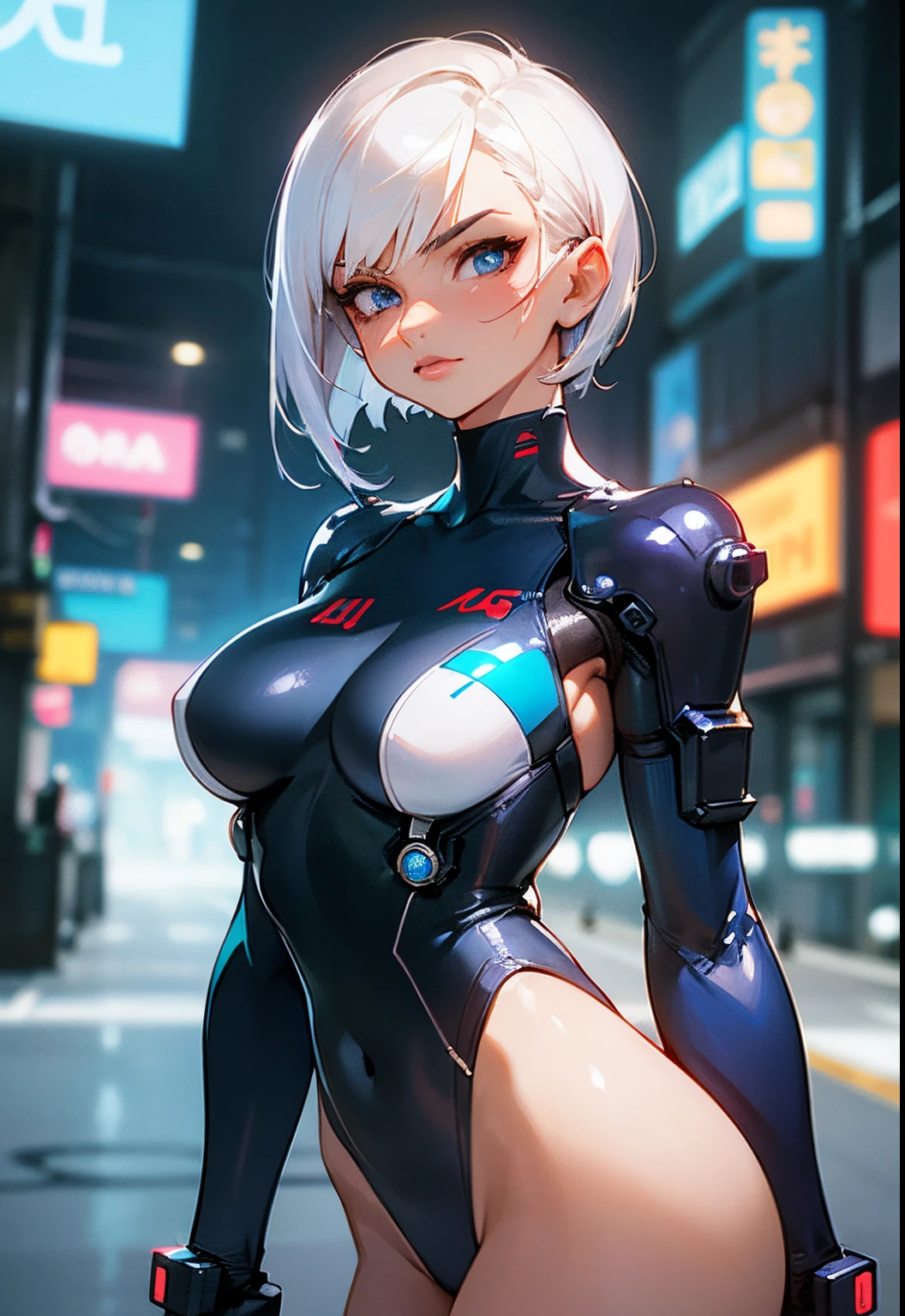 Woman 30 years face close (emily ratajkowski pov), short white hair, sidecut hair, lip filler, tight low-cut white swinsuit, cibernetic accessories, beautiful, medium breasts, close, sensual pose, fiery and lascivious wanting more, blue eye, neon lights, cyberpunk