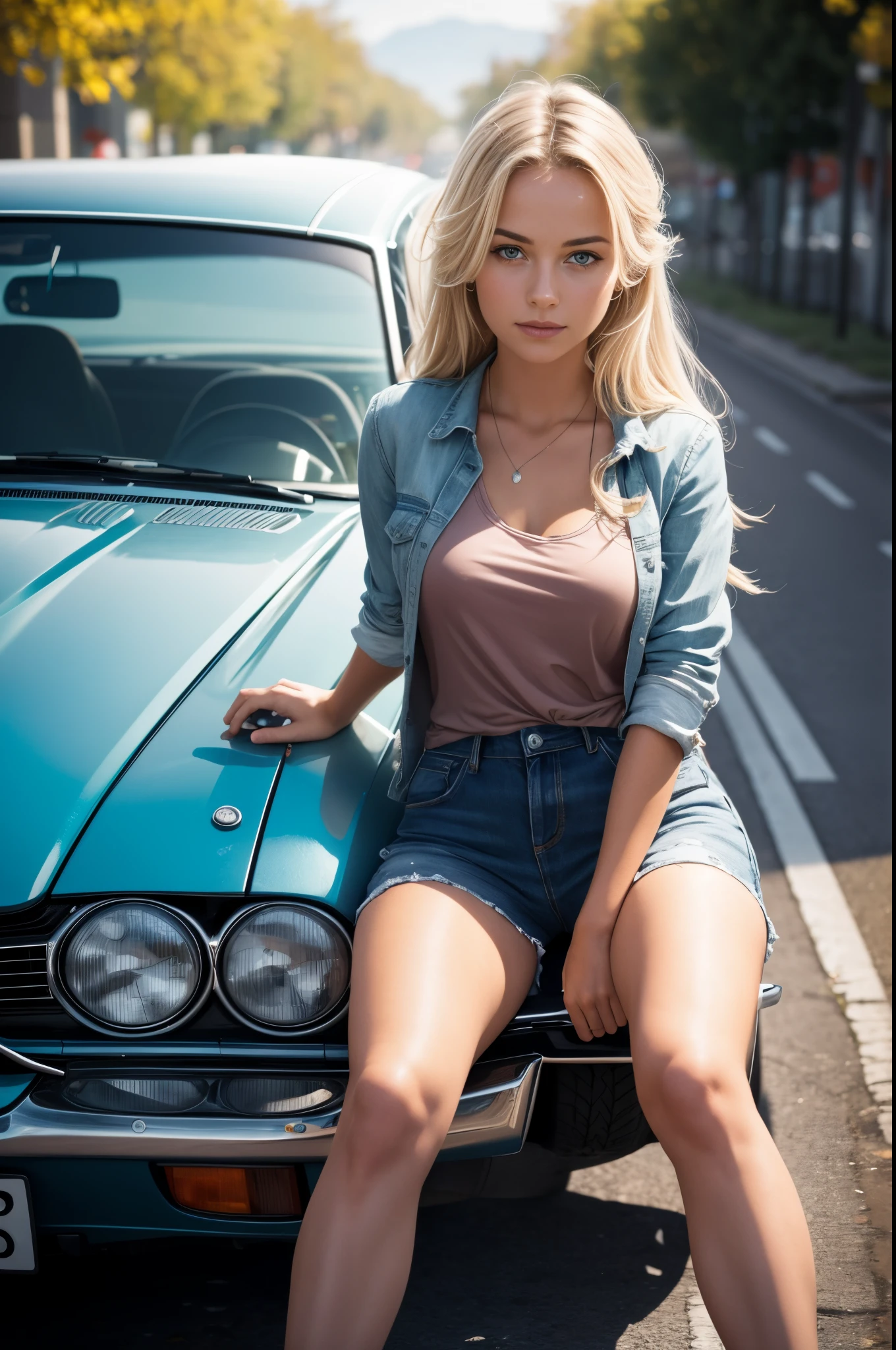 A beautiful  german girl sat on a car