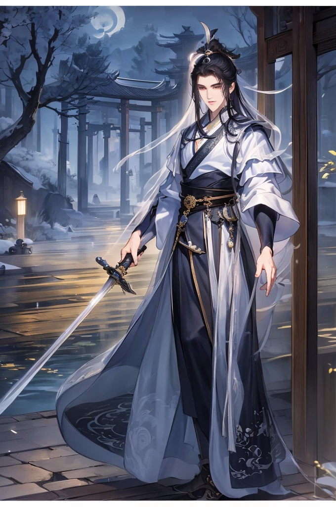 (Best quality at best,A high resolution,The image is clear:1.2),Ultra detailed backgrounds,Beautiful man standing holding sword，this is it，The wind is blowing，Chinese-style clothes,,Garden scene,under moonlight,waterfall man，Romantic atmosphere,Dutch Angle Shot,gentlesoftlighting,shelmet