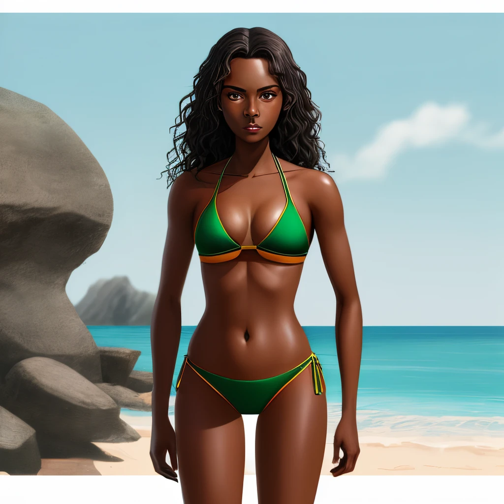 Woman approximately 20 years old slim dark skin wavy hair in bikini and I want a character characterization code