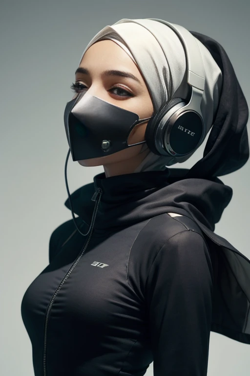 girl with white hijab, futuristic vibes, mask on mouth, pristinely white longsleeved bodysuit, headphones, 8k, high quality, simple background, sleepmask, nice pose