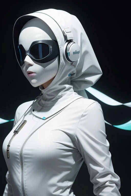 girl with white hijab, futuristic vibes, mask on mouth, pristinely white longsleeved bodysuit, headphones, 8k, high quality, simple background, sleepmask, nice pose