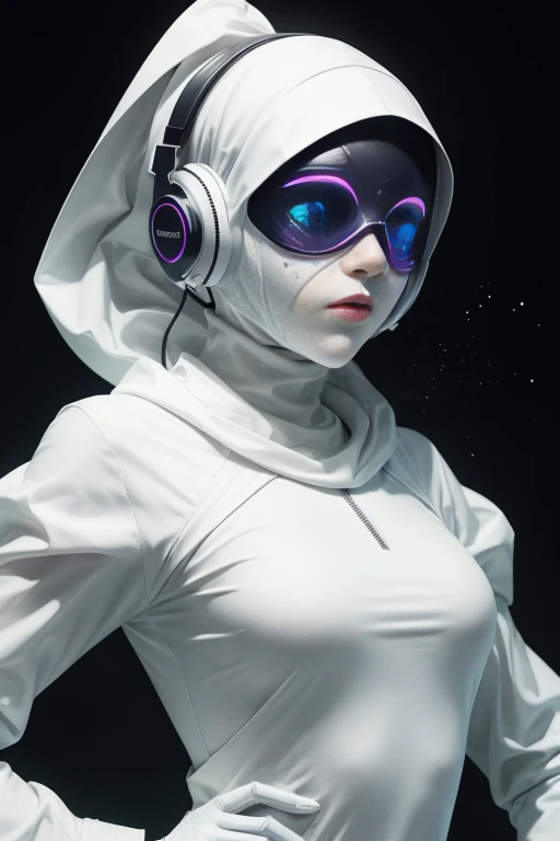 girl with white hijab, futuristic vibes, mask on mouth, pristinely white longsleeved bodysuit, headphones, 8k, high quality, simple background, sleepmask, nice pose