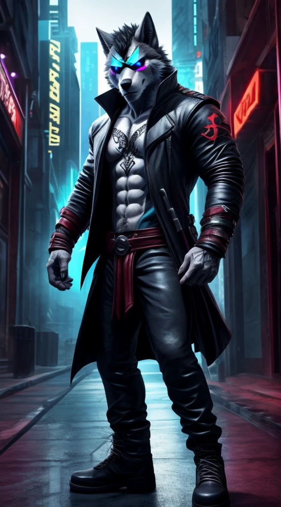(Best Quality), 1 Male, Adult, Anthropomorphic Dark Gray Canid Wolf, Full Body, Standing Pose, Violet Eyes, Dark Gray Furs, Black Medium Hair, Wearing Dante's Clothes (from DmC: Devil May Cry one, released in 2013) and His Clothes Only, Muscular Body, Furry Hands, Good Looking, Serious Expression, Cool Pose, Red and White Shoes, Yellow Tattoo of and Atom, 1 Big Cyan Horizontal Scar-like Marking on the Right Side of the Right Eye, 2 Medium Cyan Vertical Scar-like Markings Beneath of the Left Eye, Holding Sports Sunglasses in one of His Hands, City Background.