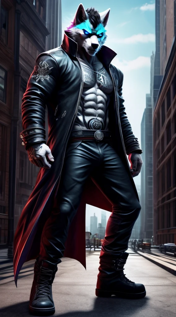 (Best Quality), 1 Male, Adult, Anthropomorphic Dark Gray Canid Wolf, Full Body, Standing Pose, Violet Eyes, Dark Gray Furs, Black Medium Hair, Wearing Dante's Clothes (from DmC: Devil May Cry one, released in 2013) and His Clothes Only, Muscular Body, Furry Hands, Good Looking, Serious Expression, Cool Pose, Red and White Shoes, Yellow Tattoo of and Atom, 1 Big Cyan Horizontal Scar-like Marking on the Right Side of the Right Eye, 2 Medium Cyan Vertical Scar-like Markings Beneath of the Left Eye, Holding Sports Sunglasses in one of His Hands, City Background.