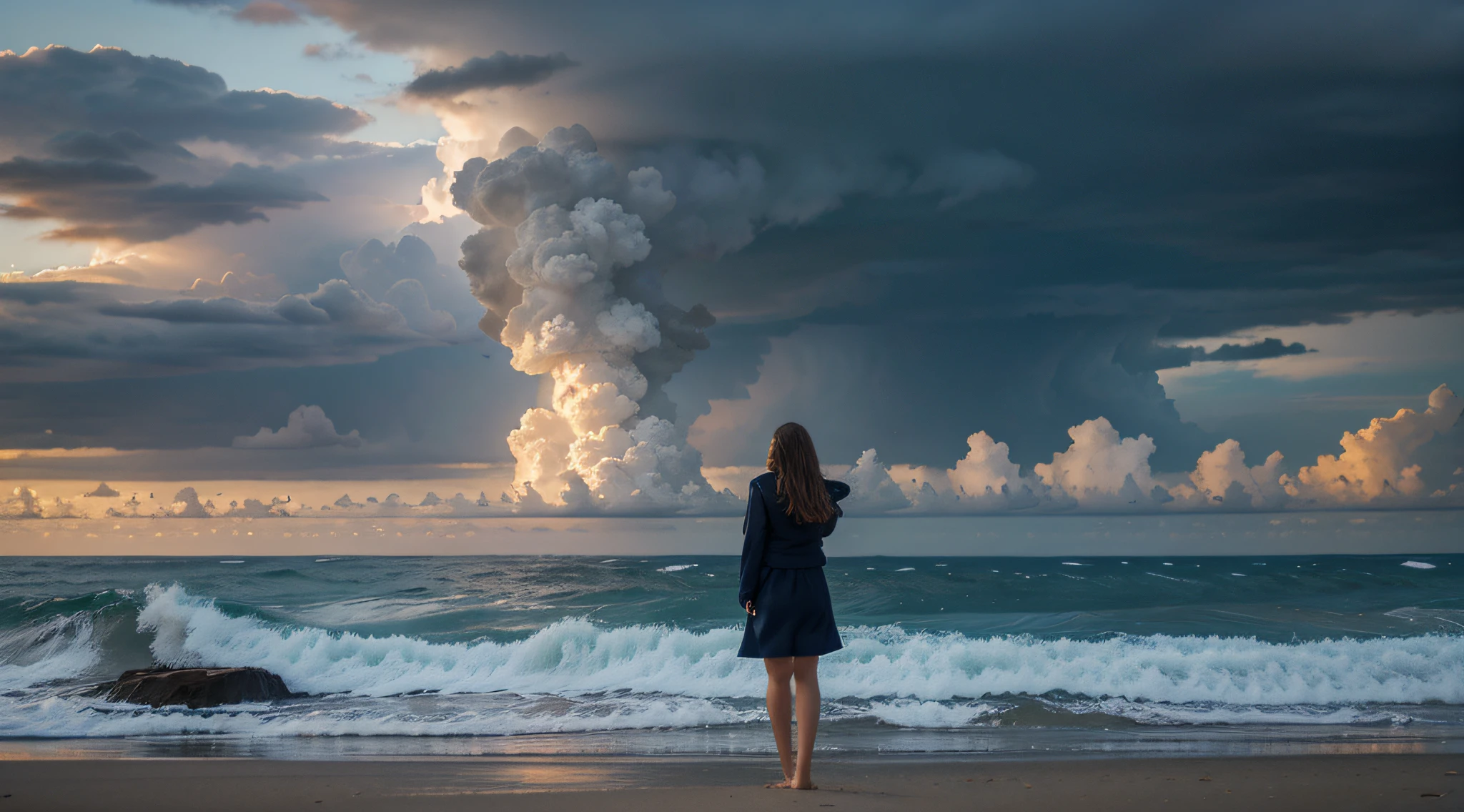 Create a high-resolution image depicting a person in a stormy environment, onde os elementos visuais refletem uma tempestade emocional. A pessoa deve estar mantendo uma postura firme e serena, with facial expressions that denote inner balance. Utilize cores que transmitam calma e contraste para destacar a serenidade no caos.