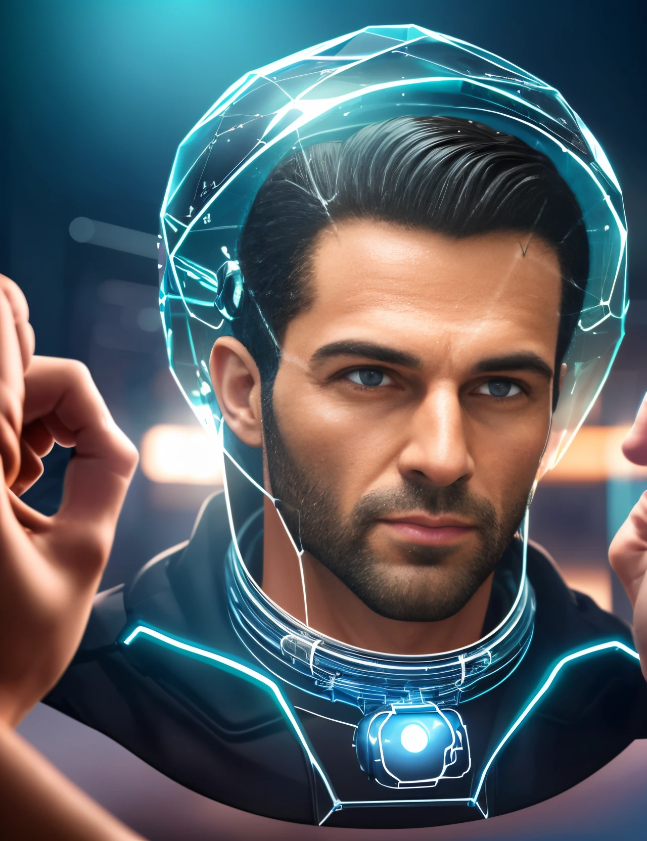 "Generate an 8K realistic image of a man with a computer for a brain encased in a transparent glass cover. Ensure intricate details, realistic features, and a lifelike representation of the technological integration. Emphasize clarity and transparency in the glass cover for a compelling visual effect." --auto --s2