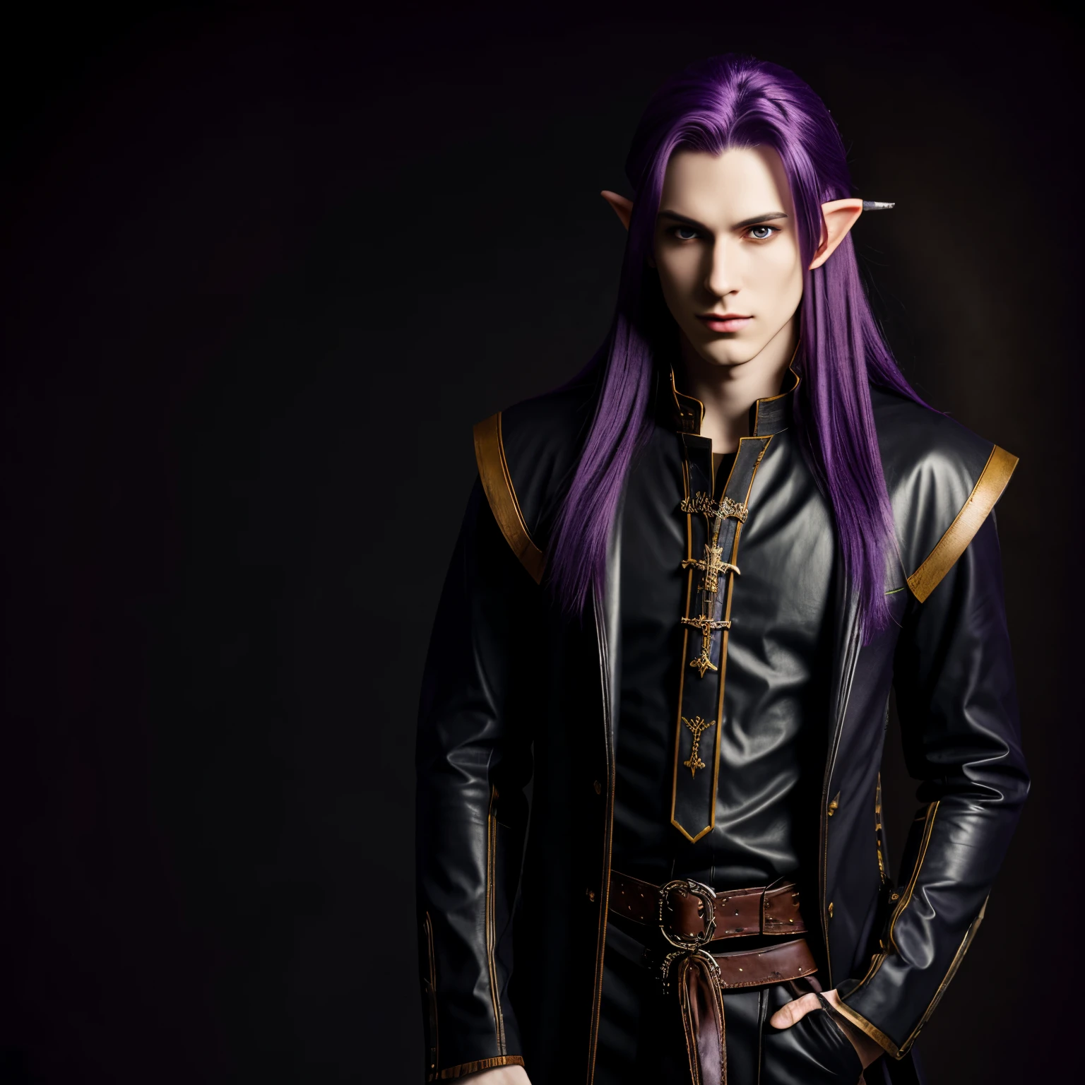 1 male, elf, very pale skin, long straight purple hairs, yellow eyes, no left arm, beutiful, dark brown shirt, dark purple pants, leather black overcoat with details in dark purple, bard, no armour