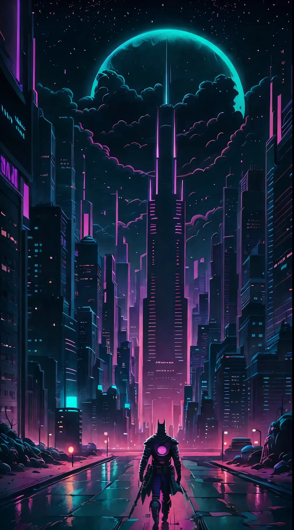 A man walking down a city street at night with neon lights - SeaArt AI