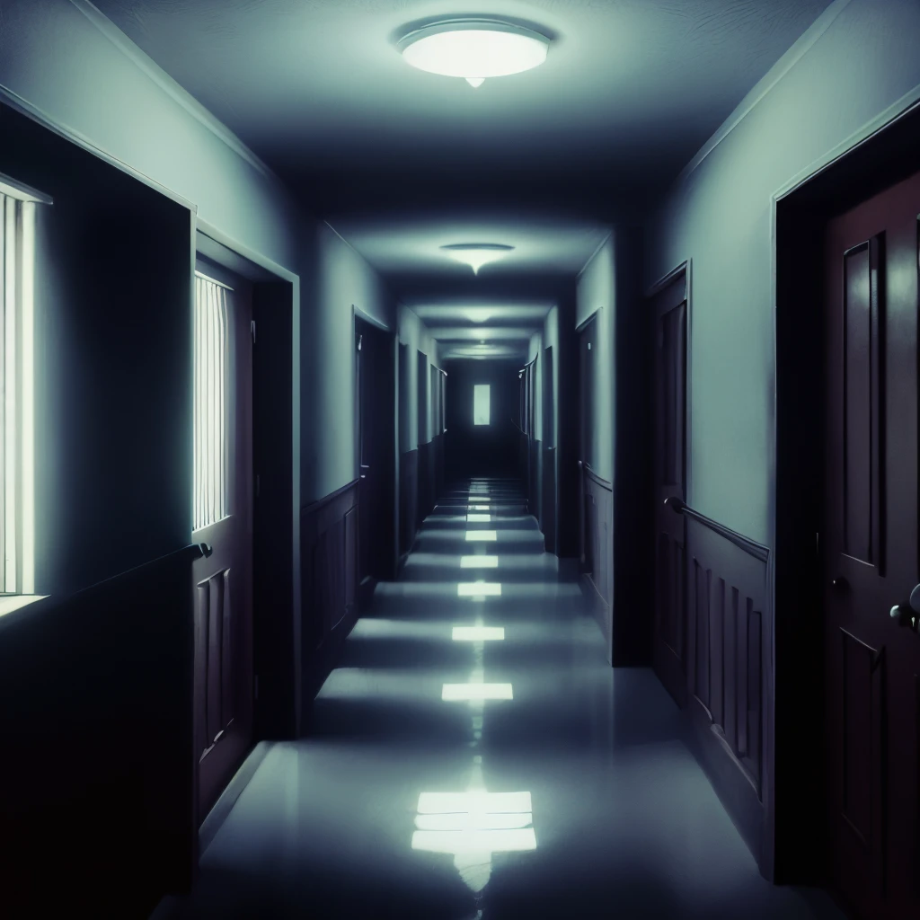 Liminal hallway, dark, spooky, shadowy, science fiction, brutalism, horror