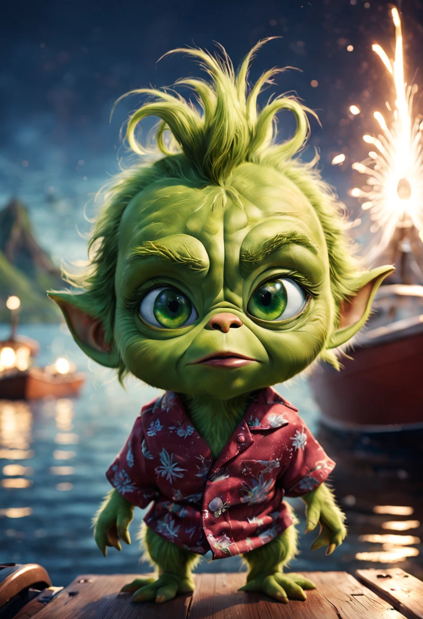 fantastically beautiful baby Grinch, Huge expressive eyes, in a Hawaiian shirt, boating on the lake, letho, Whirlwind of Sparks, Fantasy art, Ultra-detailed, hyper realisitc, The Dark World, bokeh and shimmering dust, Christiandior, perfect lines, Precise detailing, Grunge style .
