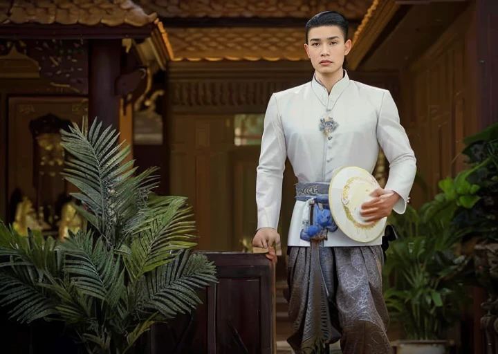 (muscular, handsome, shirtless, with double eyelids, spear in left hand and shield in right hand, head held high, Asian), Chara is the legendary crocodile warrior, and his charming character. Chara emerges from the depths of ancient stories as a powerful warrior, deeply intertwined with the myths of the land. The crocodile is depicted as an imposing presence, exuding an air of primordial power and mystery. Dressed in traditional Thai attire and shirtless, he blends palatial elegance with battle-hardened resilience. The intricate details of his costumes, decorated with vibrant motifs and ornate embroidery, pay homage to the cultural heritage of the region.