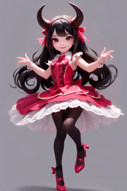 masterpiece, best quality, a (horned demon girl) smiling, wearing a lace cloth dress, black hair, red smokey eyes makeup, ((hair accesories)), tights, pumps, dramatic magic floating pose, (full body), (((sfw)))