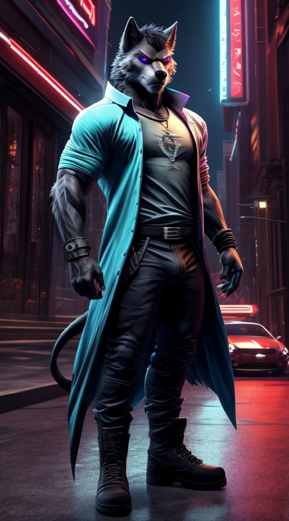 (Best Quality), 1 Male, Adult, Anthropomorphic Dark Gray Canid Wolf, Full Body, Standing Pose, Violet Eyes, Dark Gray Furs, Black Medium Hair, Wearing Dante's Clothes (from DmC: Devil May Cry one, released in 2013) and His Clothes Only, Muscular Body, Furry Paws as Hands, Good Looking, Serious Expression, Cool Pose, Red and White Shoes, 1 Big Cyan Horizontal Scar-like Facial Marking on the Right Side of the Right Eye, 2 Medium Cyan Vertical Scar-like Facial Markings Beneath of the Left Eye, Holding Sports Sunglasses in one of His Hands, City Background, No Pelvic Bulge, Wearing a Shirt, Shirt with a Stamp of an Yellow Atom.